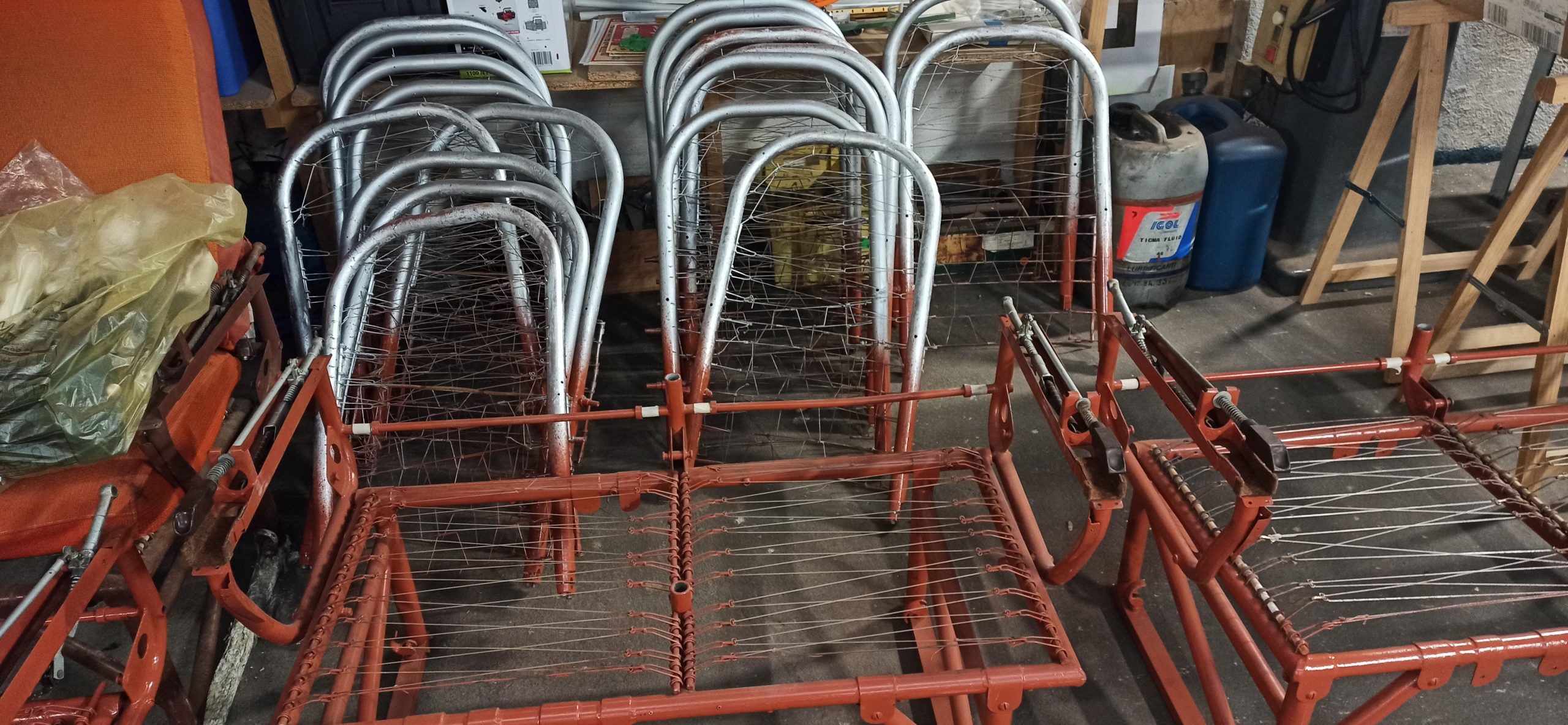 Super Constellation 2-seater airplane seats in restoration. Backs awaiting assembly