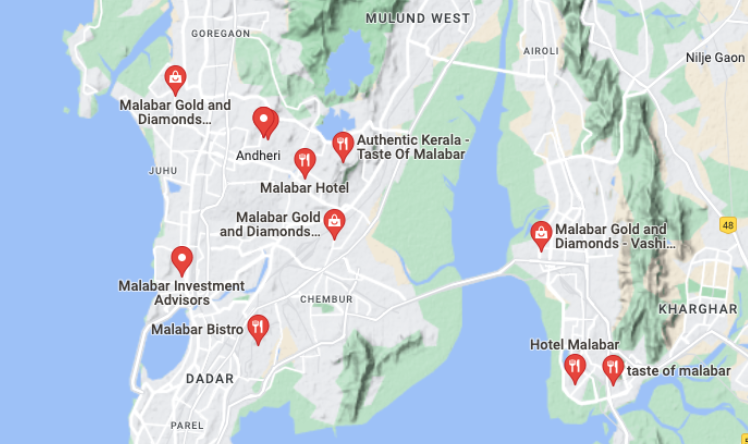 Map of Bombay showing the neighborhoods named 'Malabar'.